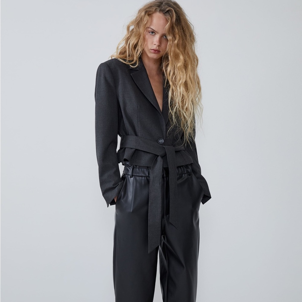 Zara Cropped Dark Gray Belted Blazer Jacket